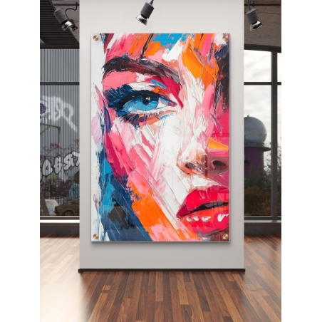 תמונת זכוכית צבעונית של דמות עם מבט כחול, עיצוב מודרני ודינמי, משיכות מכחול נועזות, מקולקציית NEXTGEN.