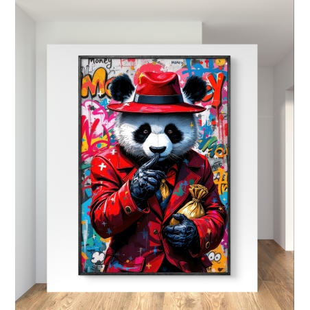 תמונת קנבס של פנדה לבושה בחליפה אדומה וכובע תואם, מחזיקה שקית זהב עם רקע גרפיטי צבעוני ומודרני