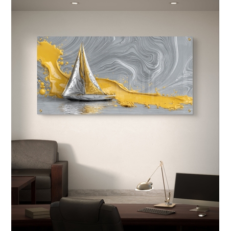 תמונת זכוכית מודרנית עם סירת מפרש כסופה וזרימות צבע זהב על רקע אפור, בעיצוב יוקרתי ובהדפסה חלקה ומבריקה.