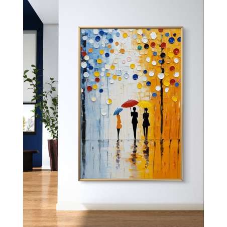 תמונת קנבס עם דמויות שחורות אלגנטיות תחת מטריות צבעוניות, רקע טיפות צבע תלת-ממדיות בסגנון אבסטרקטי, עיצוב מודרני לבית ולמשרד.