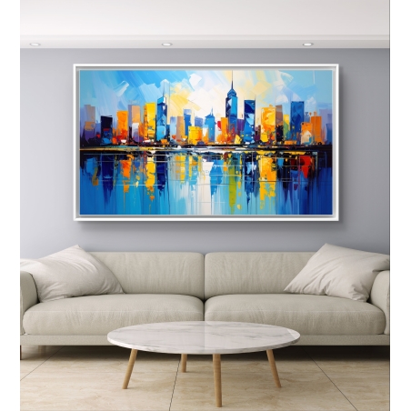 תמונת קנבס צבעונית של קו רקיע עירוני עם השתקפות במים בגוונים כחול, כתום וצהוב מתוך קולקציית תכשיט לבית