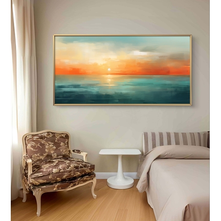 תמונת קנבס לרוחב עם שקיעה אבסטרקטית מעל הים בגווני תכלת, כתום וחול בעיצוב רגוע ואלגנטי