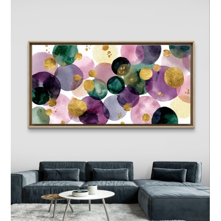 תמונת קנבס צבעונית עם עיגולים בגווני ירוק, סגול, ורוד וזהב בעיצוב מודרני מבית תכשיט לבית