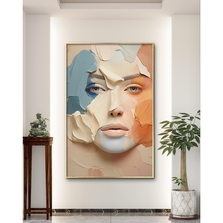 תמונת קנבס סגנון פנים בתוך מריחות צבע גוונים כתום וכחול דגם - R20053