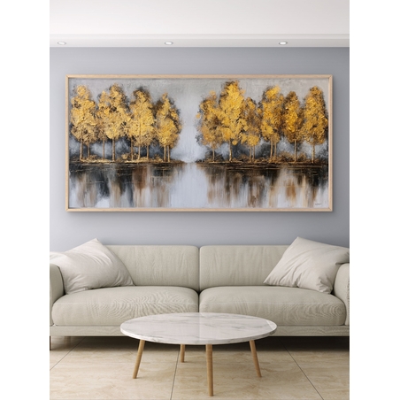 תמונת קנבס של יער עצים זהובים עם השתקפות במים בסגנון מודרני