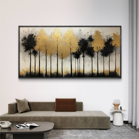 תמונת קנבס לרוחב עם יער מופשט של עצים שחורים וזהובים על רקע בגווני אפור ובז’, מודפסת על קנבס חלק ואיכותי.
