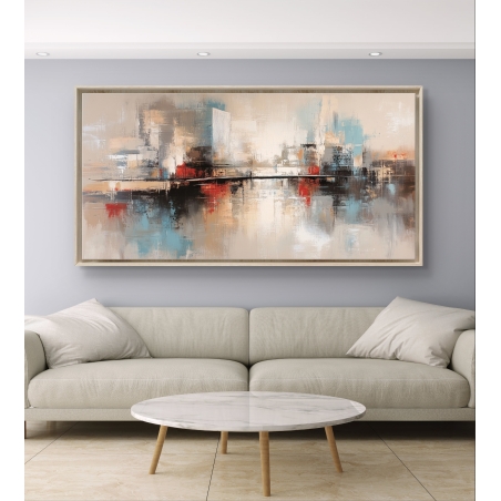 תמונת קנבס לרוחב עם נוף עירוני מופשט והשתקפות במים, בצבעים רכים של בז', כחול ואדום, לעיצוב חללים מודרניים.