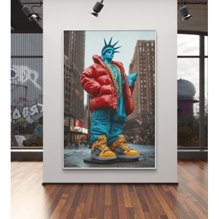 תמונה דיגיטלית של פסל החירות בעיצוב רחוב – מעיל פוך אדום, נעלי סניקרס צהובות ושרשרת זהב, מתוך קולקציית M-X ART