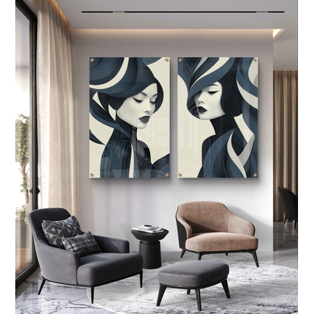 תמונת זכוכית זוגית עם דיוקנאות נשיים בעיצוב מודרני בגווני כחול ואפור