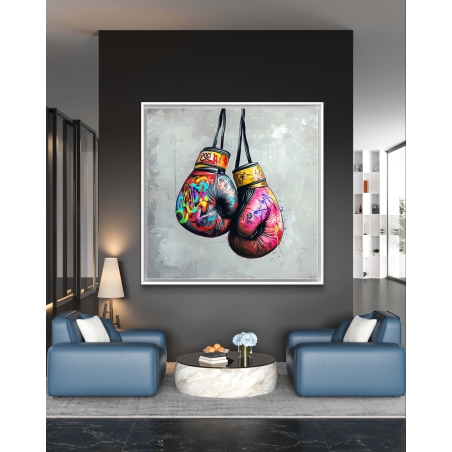 תמונת קנבס מרובעת עם כפפות אגרוף בעיצוב גרפיטי צבעוני על רקע מודרני