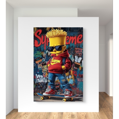תמונת קנבס דינמית המציגה דמות סקייטבורדיסט בלבוש Supreme עם רקע גרפיטי צבעוני בסגנון רחוב, מושלמת לחללים מודרניים ואוהבי סגנון אורבני.