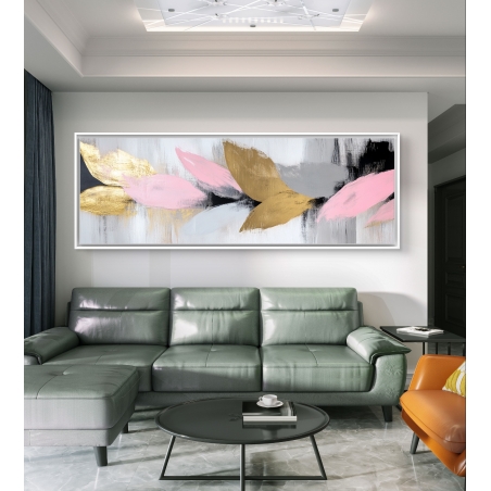 תמונת קנבס פנורמית מופשטת בגווני ורוד, זהב ואפור על רקע לבן מקולקציית תכשיט לבית