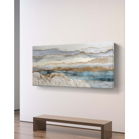 תמונת קנבס לרוחב בעיצוב שכבות נוף בגווני תכלת, לבן וזהב מבית תכשיט לבית