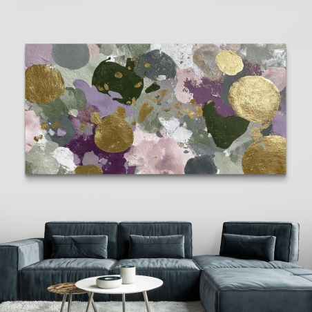 תמונת קנבס אבסטרקט בסגנון מודרני עם כתמים עגולים בגווני ירוק, סגול, ורוד ואפור בשילוב נגיעות זהב מטאלי יוקרתי, הדפסה חלקה ואיכותית מבית תכשיט לבית.