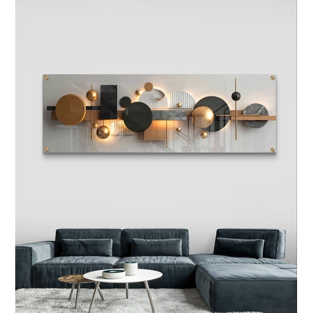 תמונת זכוכית פנורמית גאומטרית בגווני שחור, זהב ועץ בעיצוב מודרני, מינימליסטי ויוקרתי לקיר הבית