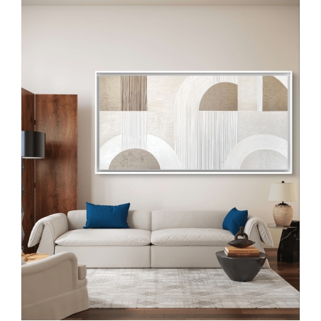 תמונת קנבס רחבה עם עיצוב גיאומטרי מודרני בגווני שמנת ובז', המדמה טקסטורת שליכט ייחודית, מושלמת להשלמת מראה יוקרתי ומינימליסטי.