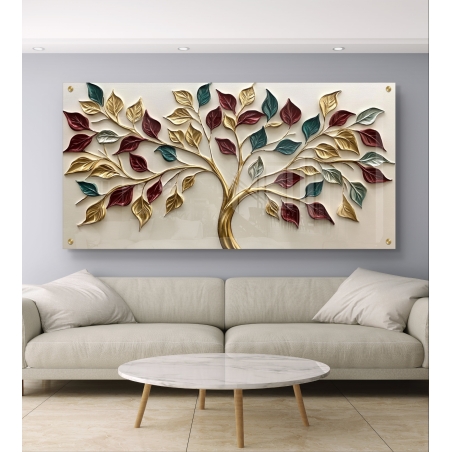 תמונת זכוכית לרוחב עם עץ זהוב וענפים רחבים, שעליו בגווני בורדו, ירוק וזהב, בעיצוב יוקרתי המשלב טבע ואלגנטיות לכל חלל מעוצב.