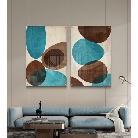 זוג תמונות זכוכית אבסטרקטיות עם צורות אורגניות בגווני טורקיז, חום ושמנת בעיצוב מודרני לבית