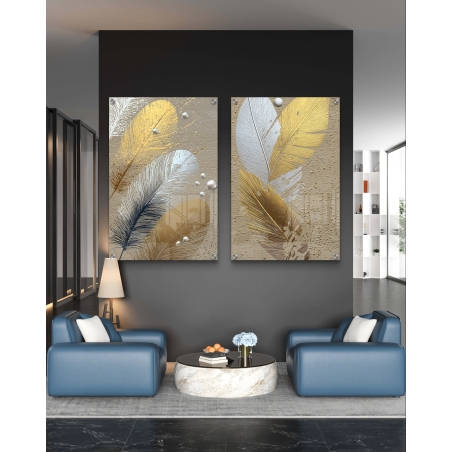 זוג תמונות זכוכית עם עיצוב נוצות מוזהבות וכסופות על רקע עם טקסטורה עדינה - עיצוב יוקרתי מבית 