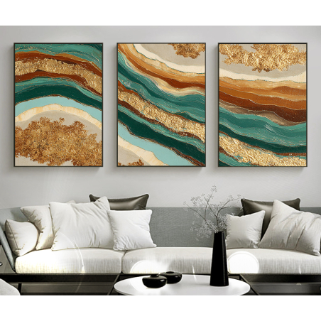 שלישיית תמונות קנבס בעיצוב מופשט עם גלים בגווני טורקיז, חום וזהב – תכשיט לבית