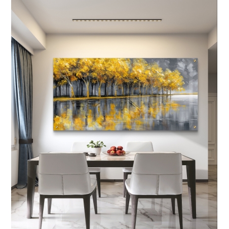 תמונת זכוכית לרוחב בעיצוב יער עצים זהובים עם השתקפות במים בגווני זהב ואפור מבית תכשיט לבית.