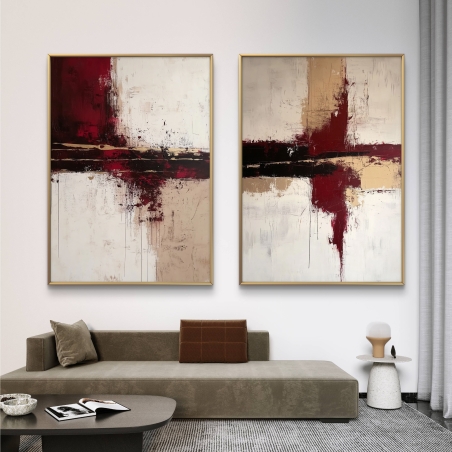 זוג תמונות קנבס בסגנון מופשט בגווני בורדו, בז', לבן ושחור עם מרקמים דינמיים ותנועה אמנותית, מתוך קולקציית תכשיט לבית.