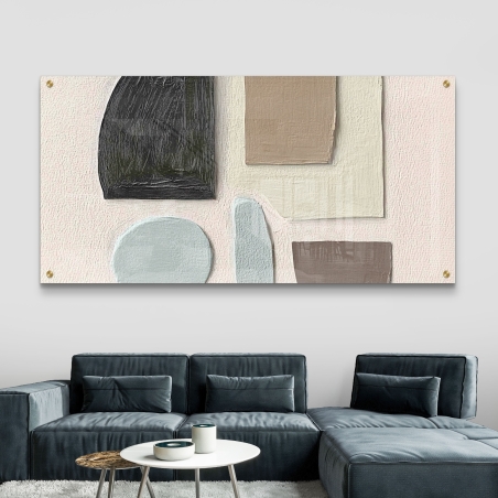 תמונת זכוכית גאומטרית לרוחב עם צורות בגווני פסטל על רקע ורוד בהיר, בסגנון מינימליסטי, מודפסת בהדפסה חלקה ואיכותית.