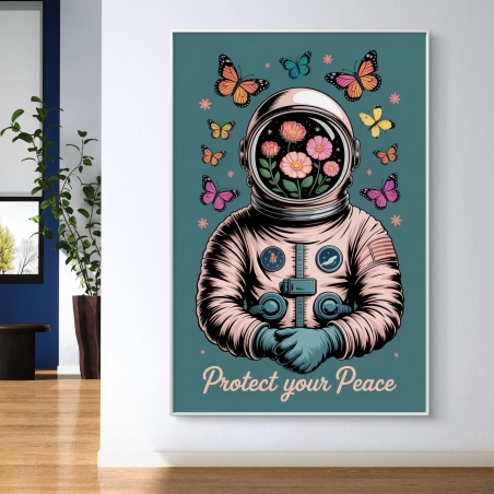 תמונת קנבס לאורך של אסטרונאוט עם קסדה מלאה בפרחים צבעוניים ופרפרים סביבו, עם הכיתוב Protect your Peace – עיצוב אומנותי ייחודי מבית תכשיט לבית.