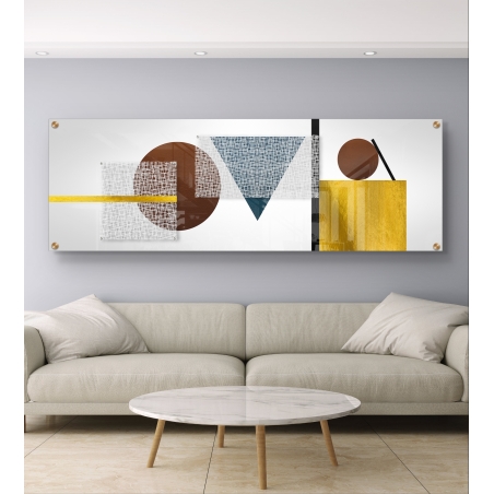 תמונת זכוכית פנורמית עם קומפוזיציה של צורות גאומטריות בגווני חום, זהב, כחול ולבן, מודפסת באיכות גבוהה על זכוכית חלקה לעיצוב מודרני.