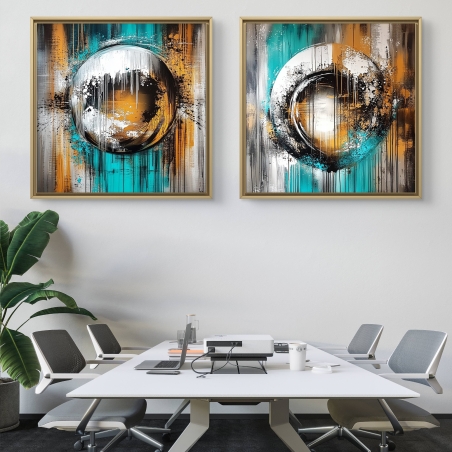 זוג תמונות קנבס מרובעות בגוונים טורקיז, כתום ולבן עם אלמנטים מופשטים ומעגלים דינמיים על רקע טקסטורה