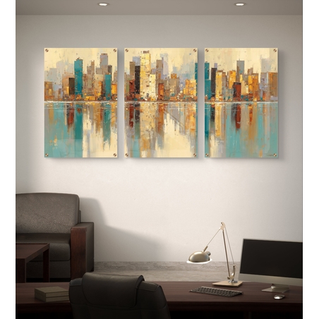 תמונת זכוכית שלישייה עם נוף עירוני אבסטרקטי והשתקפות מים בגווני זהב ותכלת, בעיצוב מודרני ויוקרתי