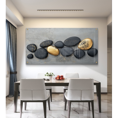 תמונת זכוכית לרוחב עם אבנים שחורות וזהובות, בעיצוב תלת ממדי מרהיב על רקע אפור. יצירה מושלמת לעיצוב מודרני ואלגנטי לבית או למשרד.