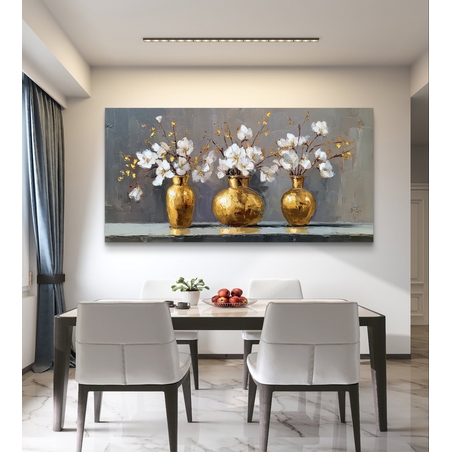 תמונת קנבס לסלון – אגרטלי זהב עם פרחים לבנים | דגם TS5943