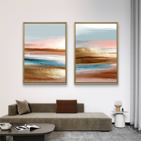 זוג תמונות קנבס מופשטות בגווני שקיעה ורודים כחולים וזהובים מבית תכשיט לבית