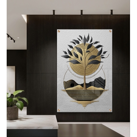 תמונת זכוכית אמנותית של עץ מוזהב עם עלים שחורים על רקע גאומטרי בשחור וזהב, בעיצוב מודרני יוקרתי מבית תכשיט לבית