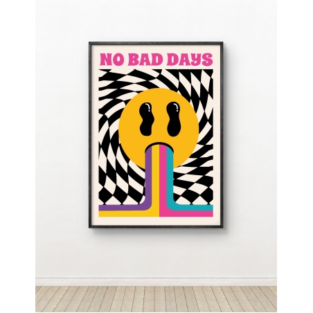 עיצוב פסיכדלי עם פרצוף סמיילי צהוב, צבעים עזים וטקסט 'NO BAD DAYS', מתוך קולקציית NEXTGEN.