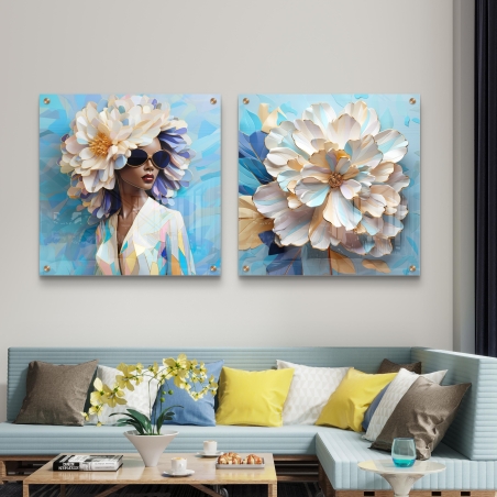 זוג תמונות זכוכית מרובעות לסלון 