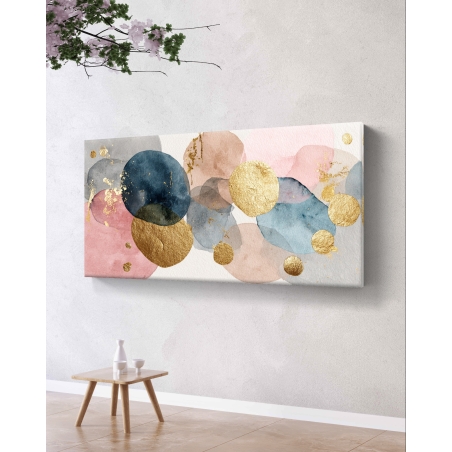 תמונת קנבס לרוחב עם מעגלים מופשטים בגווני ורוד, כחול ואפור בשילוב נגיעות זהב מבריקות, בהדפסה חלקה ואיכותית מבית תכשיט לבית.