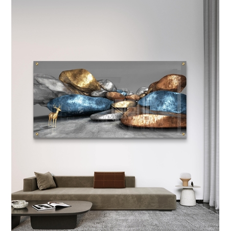 תמונת זכוכית לרוחב עם אבנים בגווני זהב וכחול ודמות אייל בעיצוב אבסטרקטי יוקרתי