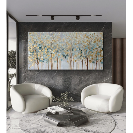 תמונת זכוכית לרוחב עם שדרת עצים בגווני תכלת וזהב בעיצוב יוקרתי ורגוע
