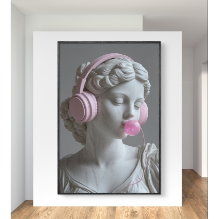 תמונת קנבס בסגנון פופ ארט של פסל שיש עם אוזניות ורודות ובלון מסטיק – יצירה מקורית מקולקציית תכשיט לבית.