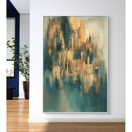 תמונת קנבס בגווני זהב וטורקיז המציגה נוף עירוני מופשט בערפל, תלויה על קיר לבן בחלל מודרני מעוצב.