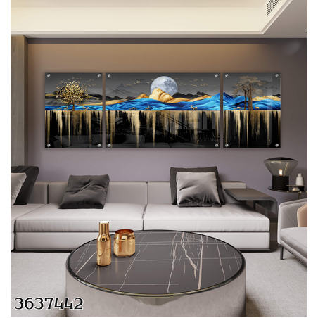 תמונה מעוצבת יוקרתית לפינת אוכל או לסלון בתלת מימד מחולקת ל3 חלקים לסלון או למשרד מודפסת על זכוכית דגם 3637442