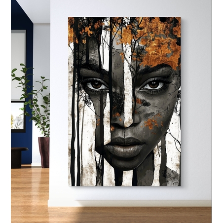 פורטרט אישה בגוונים כהים עם שילוב נופי עץ כתום, על קנבס איכותי בעיצוב אמנותי.