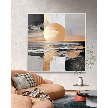 תמונת קנבס מרובעת עם שקיעה זהובה ומראה מופשט בגוונים של לבן, שחור וזהב, עם שילוב טקסטורות מודרני, מתוך קולקציית תכשיט לבית.
