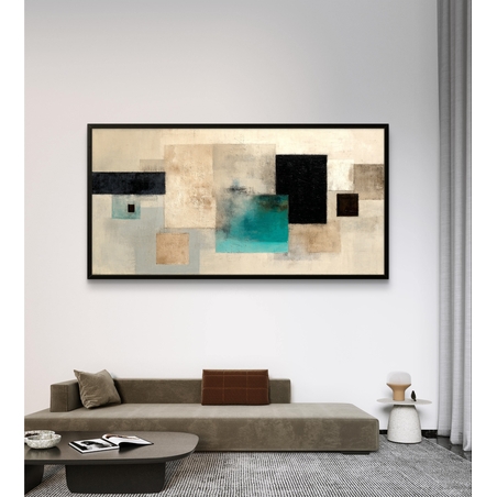 תמונת קנבס גיאומטרית מינימליסטית בגווני בז׳ ושחור עם נגיעת טורקיז על רקע בהיר
