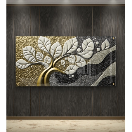 תמונת זכוכית עם עיצוב עץ חיים בגווני זהב ולבן, על רקע שחור טקסטורלי. שילוב מושלם של יוקרה ואלגנטיות, מתאים לחללים מודרניים ומעוצבים.