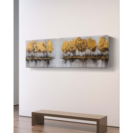 תמונת קנבס פנורמית – עצים זהובים על רקע אפור עם השתקפות במים, הדפסה חלקה ואיכותית מבית תכשיט לבית.