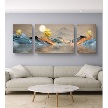 סט שלוש תמונות זכוכית עם נוף טבע צבעוני, עצים מוזהבים, הרים שקטים ואיילים ליד מים – תמונה יוקרתית מהקולקציה של תכשיט לבית