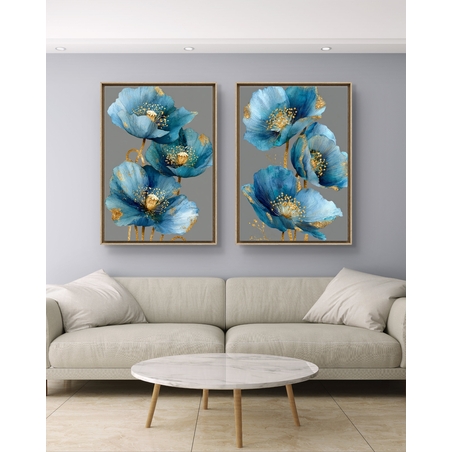 זוג תמונות קנבס פרחים כחולים עם נגיעות זהב – דגם TL8551